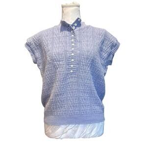 Vintage Blue Knit Henley Sweater Shirt Short Sleeve Textured Top Size Large
